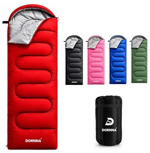 DORNNA Saco de Dormir para Adulto y Niños de Verano e Invierno, Saco de Dormir Ultraligero de 4 Estaciones, Acampada, Senderismo, Viaje al Aire Libre. (Rojo)