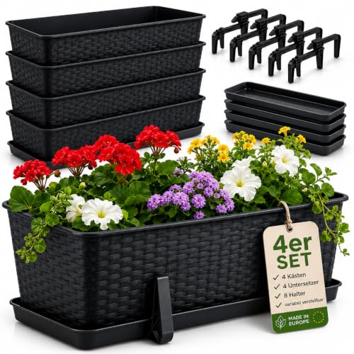 BigDean Blumenkasten 60 cm 4er Set Balkonkasten Kunststoff Pflanzkasten | für Balkon & Garten, Anthrazit, Wetterfest & Stabil, Ideal für Blumen & Kräuter