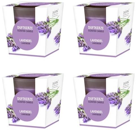 pajoma® Duftkerze 4er Set, Lavendel - im satinierten Glas | 4x 120g Wachsgewicht, Brenndauer: 25 Stunden, in edler Geschenkverpackung | Premium Qualität