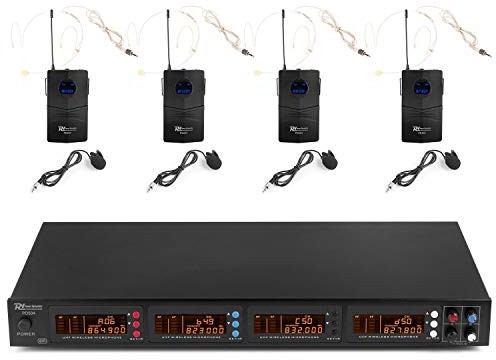 Power Dynamics PD504B - UHF-Verstärker mit 4 Bodypacks mit je unsichtbaren Kopf Mikrofon Headsets und Ansteckmikrofon, für Show, Moderation, Gesang, Entertainment, Uni, Schule