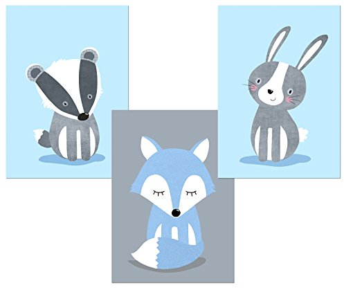 LALELU-Prints Bilder Kinderzimmer Poster Babyzimmer Deko Mädchen Jungen Kinderbilder Set Kinderzimmerbilder (Waldtiere blau)