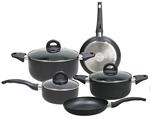 Tognana Copper & Charcoal - Batería de ollas y sartenes, juego de 2 sartenes, 3 cazuelas, 3 tapas, 8 piezas, aluminio, negro