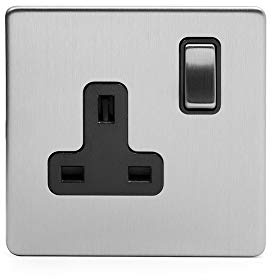 Soho Lighting Brushed Chrome 1 Gang DP Plug Socket Black Ins 13A Screwless