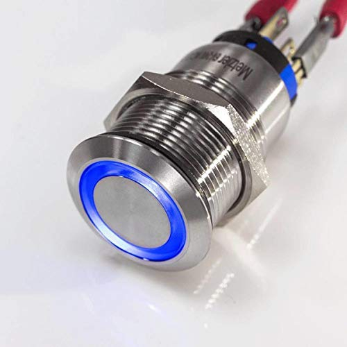 Metzler - Drucktaster 19mm - LED Ringbeleuchtung Blau - IP67 IK10 - Edelstahl - Flach - Lötkontakte