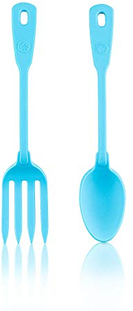 Kochblume Servier Set, 2-teilig, Löffel und Gabel | Premium Premium-Silikon & BPA freimit Edelstahlkern (türkis)