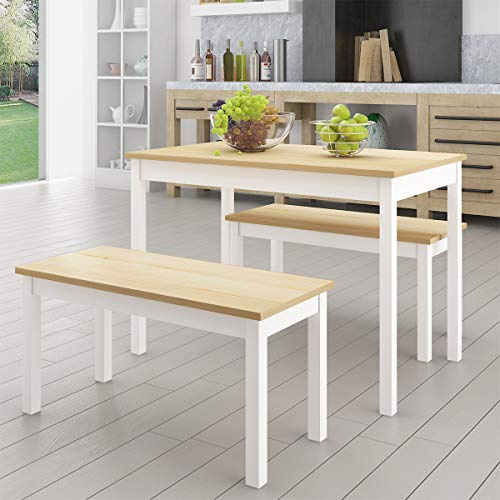 Panana Solid Pine Wooden Dining Set Table and Bench Kitchen Dining Furniture Set (White)