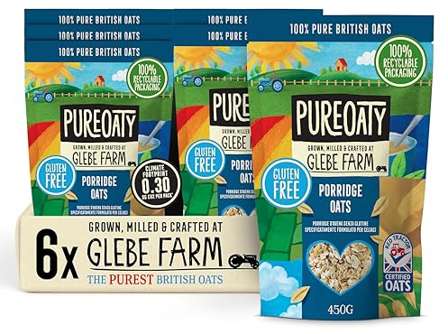 Glebe Farm Porridge Oats 6pk, Healthy Wholegrain Gluten Free For Slow Release Energy, 100% British, All-Natural & High In Fibre, Delicious Porridge With No Hidden Nasties, 6x 450g