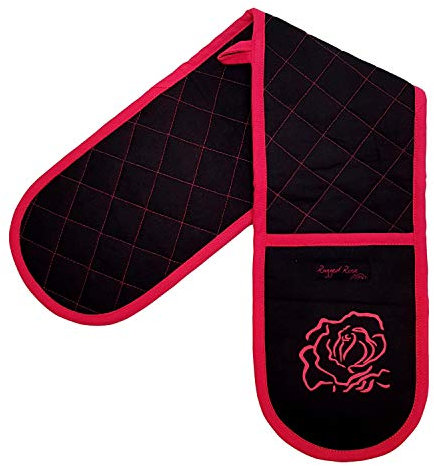 Double Oven Gloves - 84 cm x 18 cm x 1 cm, 1-Piece Oven Mitts for Cooking & Baking - Cotton, Machine Washable at 30° - Kitchen Essentials by Ragged Rose - (Pink/Black Plain)