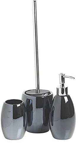 URBNLIVING 3pcs Ceramic Shiny Colour Matching Bathroom Dispenser Tumbler Toilet Brush Set (Black, One Of Each)