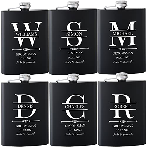 Flachmann Mit Gravur, 6 Stück Flachmänner Personalisiert 227ml/8oz für Trauzeugen Geschenke, Gravierter Flachmann Edelstahl für Hochzeit und Junggesellenabschiedgeschenk (Schwarz)