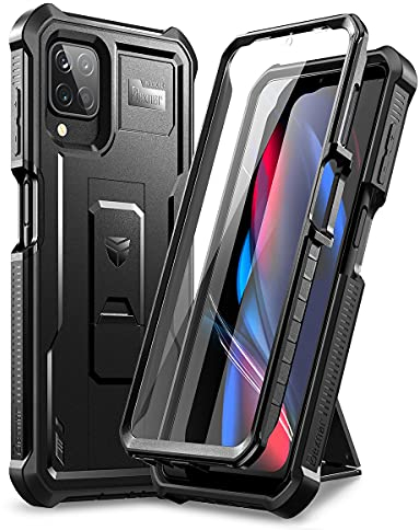 Dexnor Hülle Kompatibel mit Samsung Galaxy A12 / M12 mit integriertem Displayschutz Heavy Duty 360 Ganzkörper Stoßfeste Stoßfängerschutzhülle mit Standfuß - Schwarz