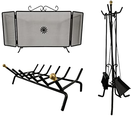 Set Camino in Ferro Battuto Nero con Parascintille Brucialegna Attizzatoio Pinza Scopino Paletta