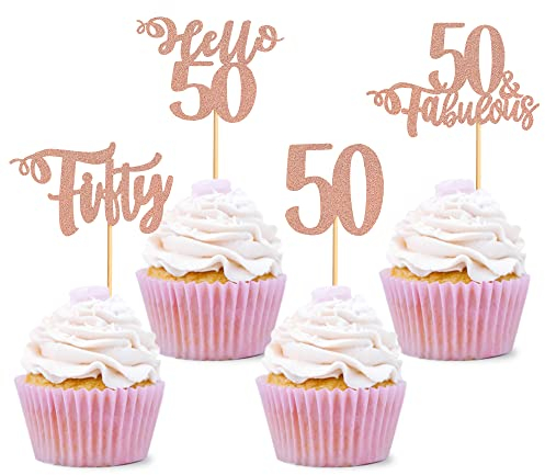 Blumomon Rose Gold Glitter 50th Birthday Cupcake Toppers Happy Birthday 50 Fabulous Cupcake Toppers Happy 50th Cake Decorations for 50th Birthday Happy 50th Theme Party Supplies