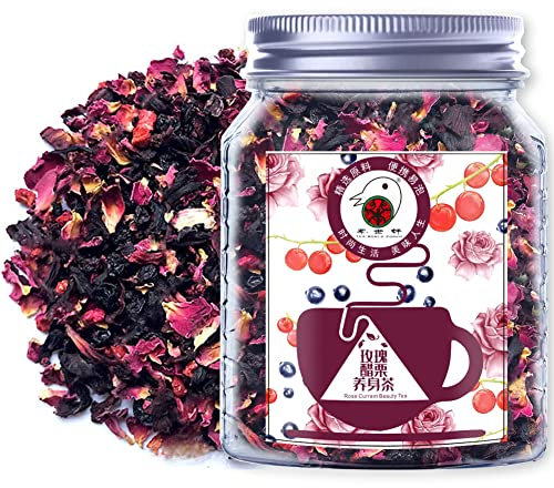 Plant Gift Rose Currant Beauty Tea, (Roselle, uva, arándano, frambuesa, pétalos de rosas rojas dobles) sin cafeína, té de hierbas sin OMG de hojas sueltas, té saludable, 70 g/2,5 oz