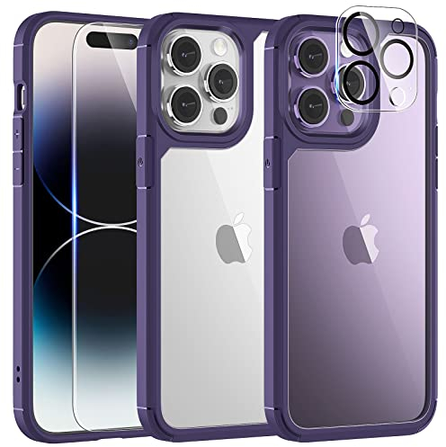 TAURI 3 in 1 für iPhone 14 Pro Hülle, 1 Handyhülle+2 Schutzfolie, [Nie Vergilbung] Handyhülle für iPhone 14 Pro Case Schlanke Stoßfeste Anti-Kratzt - Lila