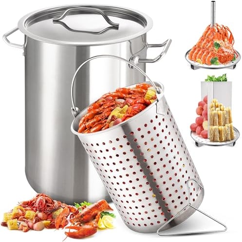 ARC 32QT Pentola in acciaio inox da 6 pezzi per bollitore per frutti di mare con cestello e griglia per vapore, pentole per gamberi, granchi, gamberetti, aragoste, pentola per friggitrice per