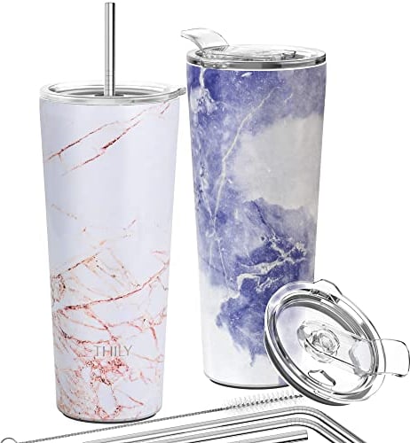 Edelstahl-Vakuumisolierter Becher – THILY 780 ml dreifach isolierter Reisebecher mit spritzwassergeschütztem Deckel, für Eiskaffee und heiße Getränke, 2er-Pack, Goldener Marmor + Blauer Marmor