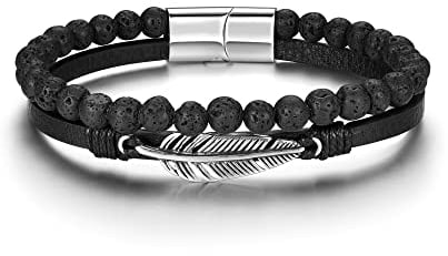 PiercingJak Double Layered Leather Beads Bracelet for Men - Tiger Eye & Lava Rock Stone with Stainless Steel Magnetic Clasp - Anxiety & Stress Relief Jewelry