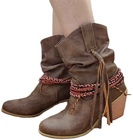MIYYO Stivaletti Primaverili da Donna con Frange, Booties da Combattimento con Tacco Largo,Stivali in Pelle PU,Boots Classici Slip-on,Stivaletti da Donna for Il Tempo Libero