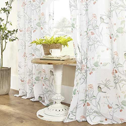 XTMYI 84 Inch White Semi-Sheer Curtains Set of 2 Panels with Printed Eyelet Pattern Light Filtration Sheer Curtains for Living Room Bedroom
