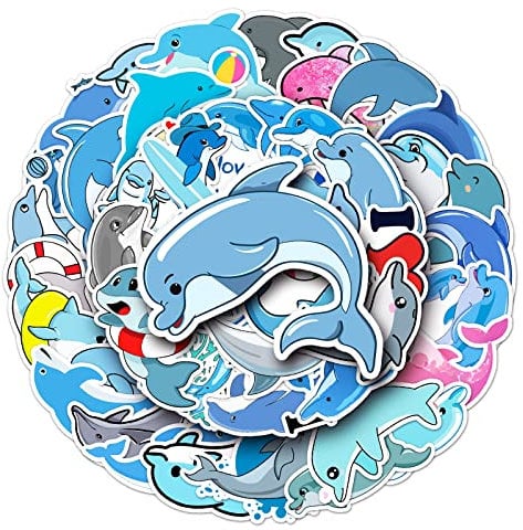 Dolphin Stickers for Laptop (50 PCS), Gift for Children, Teens, Adults, Girl, Boys - Waterproof, Blue Dolphin Vinyl Stickers for Scrapbook, Skateboard, Bike, Phone, Dairy
