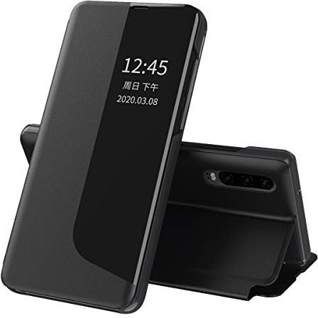 QIWEIQING Hülle für Huawei P30 Pro, Premium PC + PU Leder Schutzhülle, Spiegel Cover Clear View Case Flip Intelligenten Handyhülle mit Klappbarer für Huawei P30 Pro. Black QH3