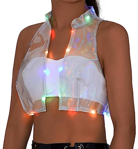 Ushiny Leuchtweste transparentes Crop-Top LED-Rave-Kostüm Stehkragen ärmelloses Tanktop für Damen und Mädchen (as3, alpha, s, regular, regular, Durchsichtig)