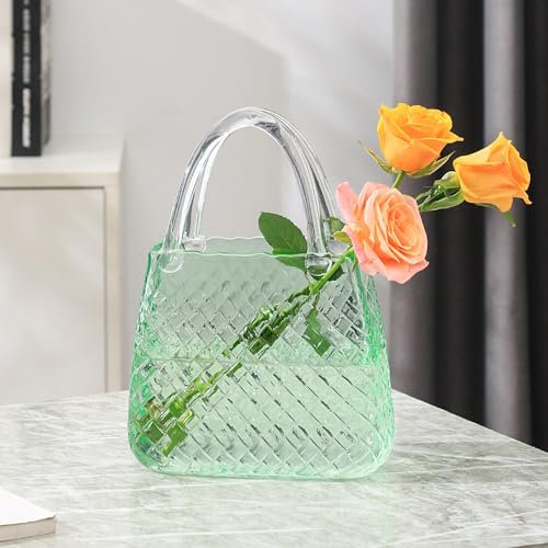 PORPAN Glasvase, grüne Geldbörsenvase für Blumen, 30,5 cm, große Blumenvasen mit geprägtem Muster für Hochzeit, Wohnzimmer, Schlafzimmer, Tisch, Büro (rund)