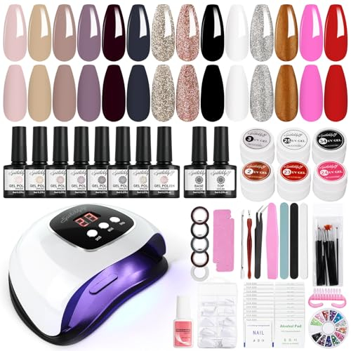 SPTHTHHPY Nagelset Gelnägel Starterset,gel nagellack Kit mit 48W UV Lampe,8 Nagellack mit Base&Top Coat + 6 Farben UV Gel mit 15 Pinsel,100 Nägel Tips, Komplette Nagelstudio Set