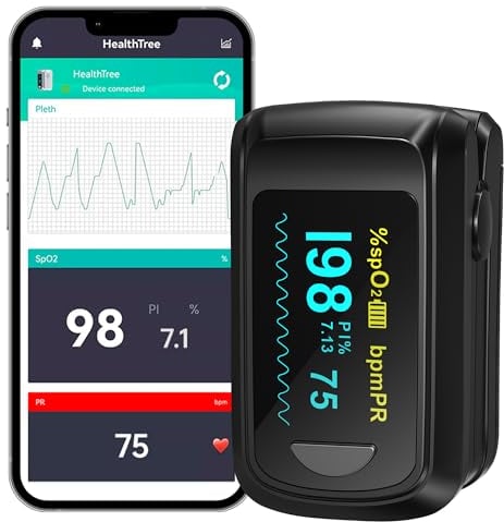 HealthTree Pulsossimetro da Dito, Monitor Bluetooth della Saturazione dell'Ossigeno nel Sangue, Monitor della Frequenza Cardiaca per Apple e Android, con Schermo OLED, 2 batterie AAA e Cordino
