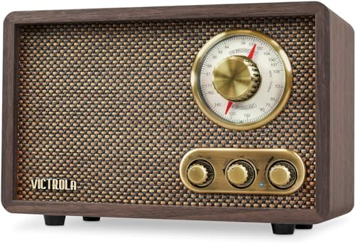 Victrola Willow - Retro Wood Bluetooth Radio, AM/FM - Walnut | Compact wood tabletop radio, analog AM/FM rotary dial, Bluetooth streaming, built-in speakers, bass and treble controls