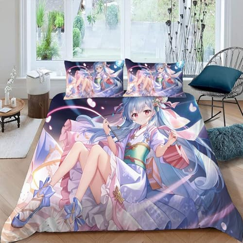 DILANI Bettwäsche 200x200 Anime Mädchen Bettwäsche-Set 3 Teilig 3D Druck Japanische Manga-Kawaii Bettbezug Weich Mikrofaser Bettbezüge mit Reißverschluss und Kissenbezug 80x80cm für Erwachsene Kinder