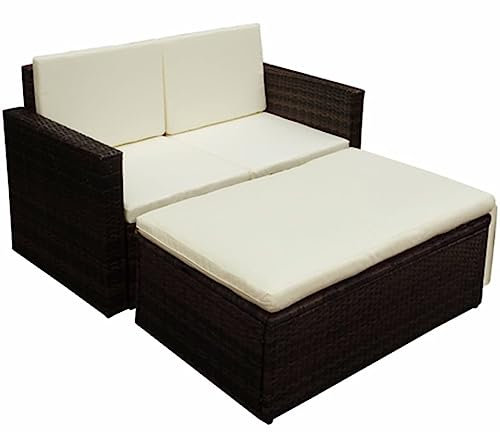 QJBSAVVA 2-TLG Garten-Lounge-Set, Eckbank Küche Schlafsessel mit Bettfunktion Schminktisch Stuhl Sofa mit Schlaffunktion Geeignet für Speisesaal Café Outdoor Flur mit Auflagen Poly Rattan Braun