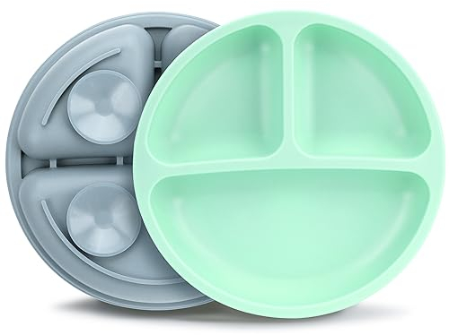 MOJINL Lot de 2 assiettes pour enfant avec ventouse - Antidérapantes - En silicone - Sans BPA - Passe au lave-vaisselle - Pour les tout-petits (bleu rouge et vert menthe)