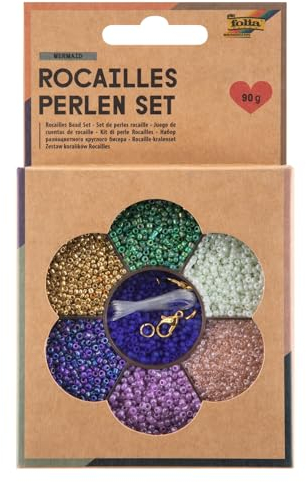 folia 12912 - Rocailles Perlen Bastelset MERMAID, mit ca. 90 g Perlen in 7 Farben, Nylonfaden und Verschlüsse - zum Gestalten von Schmuck, Perlentieren und Accessoires