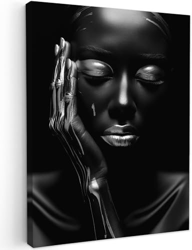 MuchoWow© Leinwandbild 30x40 cm Dekoration Wohnzimmer Bilder Aufhängen Wall Decoration Living Room Wohnungs Deko Moderne Frau - Porträt - Silber - Schwarz und Weiß - Abstrakt