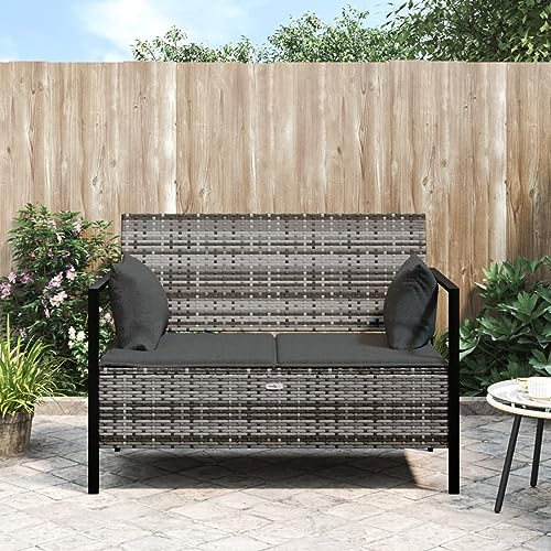Rantry Gartenbank 2-Sitzer mit Kissen Truhenbank mit Stauraum Sitzbank Parkbank Gartenbank Truhenbank Gartensofa Terrassenbank Möbel Garten Balkonmöbel Grau Poly Rattan