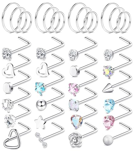Chriscoco 36Pcs 18G 20G Nasenpiercing Chirurgenstahl Nasenpiercing Ring Nostril Piercing Zirconia Opal Nasenringe Silber Nasenstecker Nasenpiercing Stecker Schmuck für Damen Herren