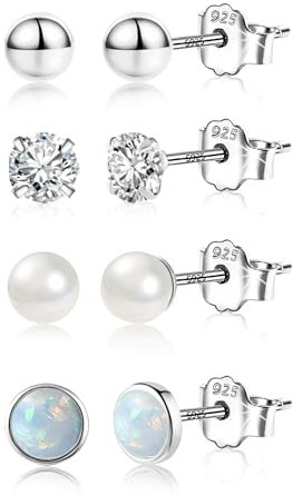 Silber 925 Ohrringe Ohrstecker Set Damen, Kleine Silber Ohrstecker Set Hypoallergenes Klein Perlen Ohrringe Kleine Kugel Opal Ohrsteck Zirkonia Klein Ohrring Ohrsteck für Mehrere Piercings