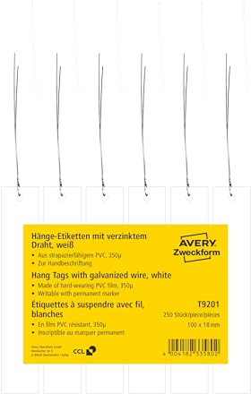 AVERY Zweckform T9201 stabile Anhänger 250 Stück mit Draht (100x18mm, beidseitig beschriftbare Produktanhänger, reißfeste, strapazierfähige Pflanzenanhänger, Preis- & Geschenkanhänger), Folie, weiß