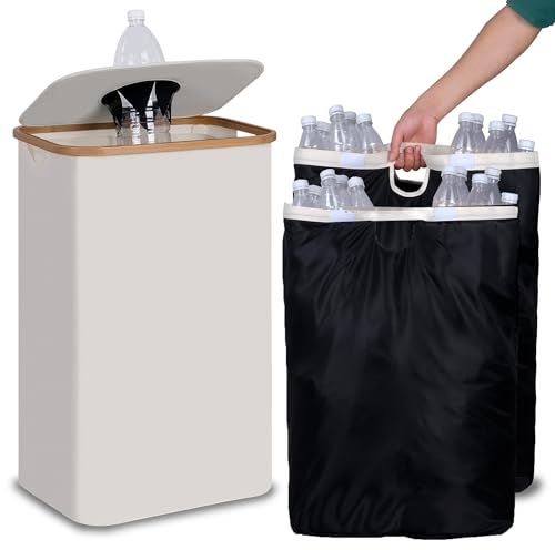 efluky Recycling Bin 100L, 26 Gallon Recycle Bins for Kitchen Indoor Outdoor Home with 2 Removeable and Reusable Inner Bag, Tall Recycle bin for Bottle Can Plastice Stickers (Beige)