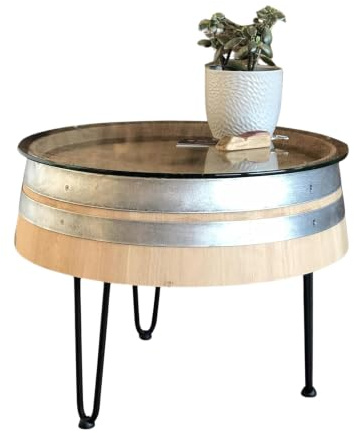 Fass-Schmiede Weinfass Couchtisch mit (60er) Glasplatte Dreibein Sofatisch Beistelltisch (groß: 55 cm, Rustikal)