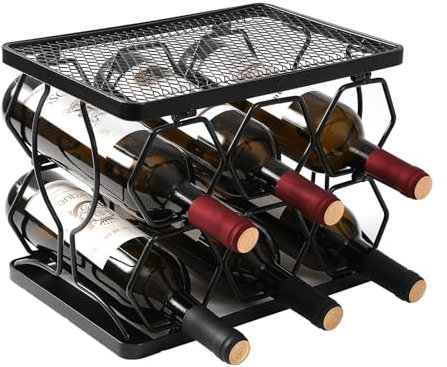 Gocoffun Metal Wine Rack, Black Foldable Wine Rack for 6 Bottles, 2 Tier Wine Bottle Rack Storage, No Need Assembly Wine Racks Free Standing for Cupboard Countertop Tabletop Bottle Rack