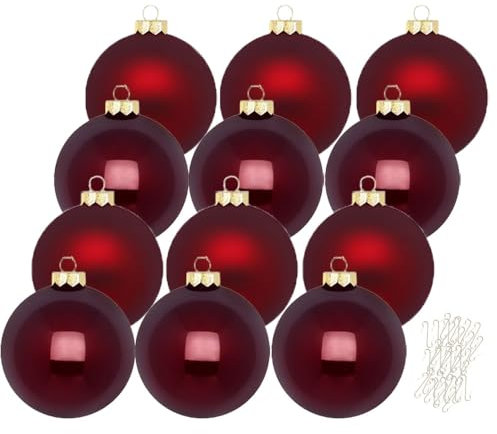 Inge Glas große Weihnachtskugeln mit Haken | Christbaumkugeln aus Glas | Set 12 Kugeln 8cm groß und 40 Aufhänger | Christbaumschmuck Weihnachtsbaumkugeln (Smooth Port | weinrot)