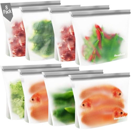 8 Pack Reusable Freezer Bags, ReaGold Sandwich Bag Ziplock Food Bags, Reusable Ziplock Bags, Gallon Silicone Food Bag for Keeping Sandwich, Snack, Fruit, Meat, Veg Fresh for Longer