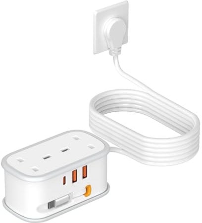 UK to US Plug Adapter with 1.5M Extension Cable, BEVA 2 Way 3 USB (2A+1C) Travel Adapter with Retractable USB C Cable for American, Thailand, Canada, Mexico, Type B