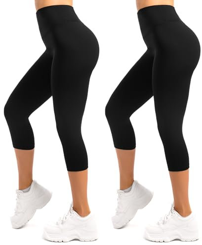 SINOPHANT 2 Pack Capri Leggings for Women-Buttery Soft High Waisted Yoga Pants for Workout Athletic Black L-XL