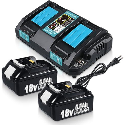 DASNITE 2 Stück 5,5Ah 18V Li-Ion Ersatzakku für Makita 18V Akku mit Ladegerät DC18RD Dual Port Ersatz für Makita Akku 18V Ladegerät BL1850B BL1860B BL1830 Kompatibel mit Makita Ladegerät DC18RA DC18RC