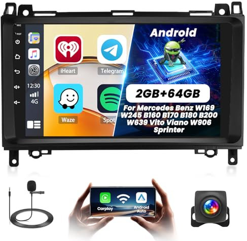 Fuluku 2+64G Android Radio para Mercedes Benz W169 W245 B160 B170 B180 B200 W639 Vito Viano W906 Sprinter Wireless Carpaly&Android Auto, 9'' Touchscreen Radio Coche GPS/Cámara de Marcha Atrás