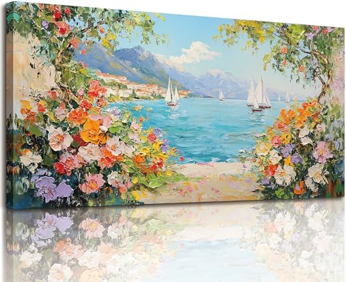 MHARTK66 Blumen in der Bucht Leinwand Bilder, 73x146 cm XXL Wandbilder Wohnzimmer Landschaft Bild Aesthetic, Modern Wanddeko Kunstdruck Schlafzimmer Esszimmer Flur Büro Küche